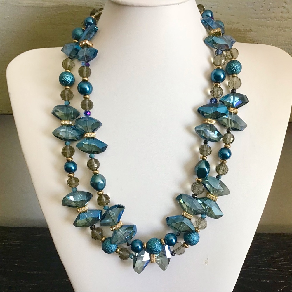 Royal Blue Crystals Pearls Statement Necklace Two Strand Sapphire Gold Rhineston